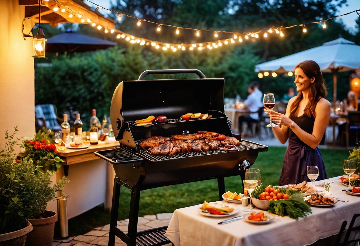 A beautifully set outdoor barbecue scene with gourmet meat cuts sizzling on the grill, surrounded by elegant table settings adorned with fresh herbs and colorful vegetables. Soft fairy lights twinkle overhead, creating a romantic ambiance as a couple toasts with glasses of wine in the foreground. The sunset casts a warm, golden hue over the entire scene, enhancing the intimate atmosphere. super-realistic. vibrant colors. outdoor setting.