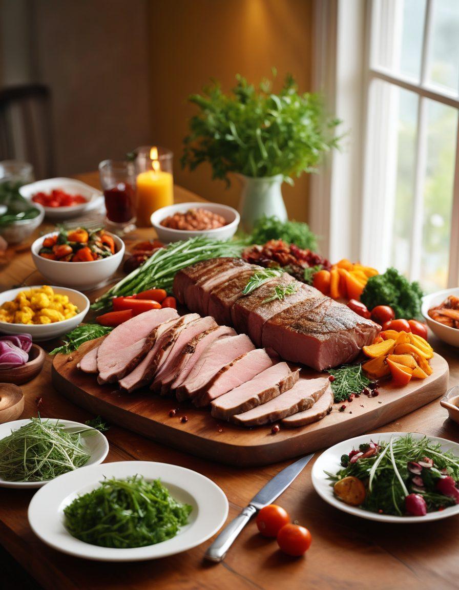 A beautifully arranged gourmet dining table showcasing various tender cuts of meat, accompanied by vibrant, colorful side dishes including fresh herbs and vegetables. The scene is set in a warm, inviting kitchen with soft lighting, highlighting the textures of the meat and the elegance of the meal preparation. Include a chef's knife and a cutting board with spices for an authentic touch. super-realistic. vibrant colors. cozy ambiance.